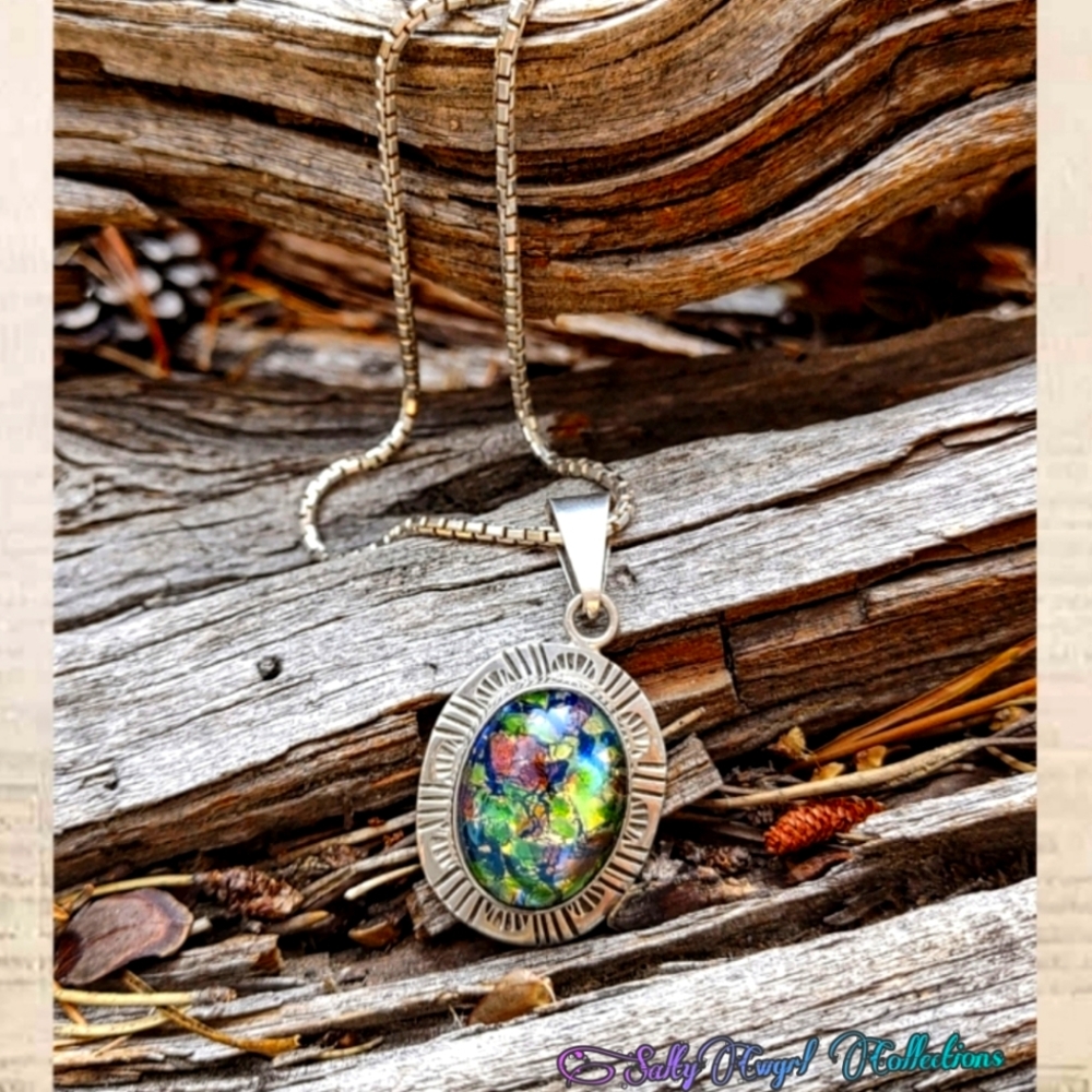 Vintage Mexico Dichroic Glass Sterling Silver Statement Pendant Necklace